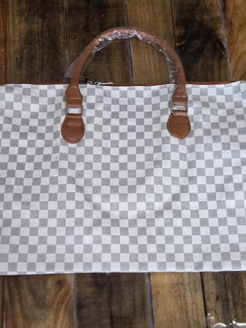 Canvas Check Overnight Bag with Brown Trim